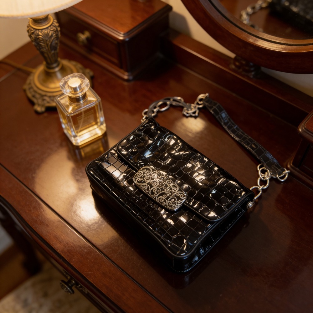 Brighton Black Croc Embossed Patent Leather Shoulder‎ Bag Silver Filigree  party